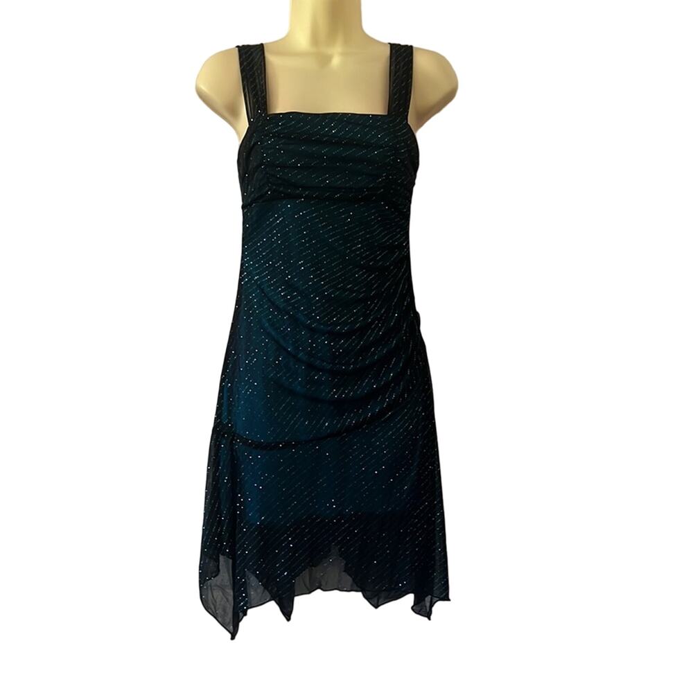 XOXO Vintage Y2K Black & Turquoise Blue Sparkle Knit Dress with Asymmetrical Hem
